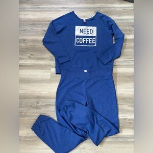 Blue cotton loungewear set with "Need Coffee" graphic #loungewear NWT size large